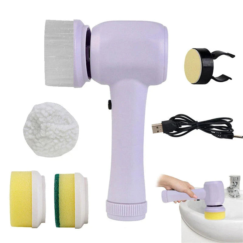 Rechargeable Electric Spin Scrub Brush with 4 interchangeable brush heads for efficient cleaning of tiles, porcelain, stainless steel, and more