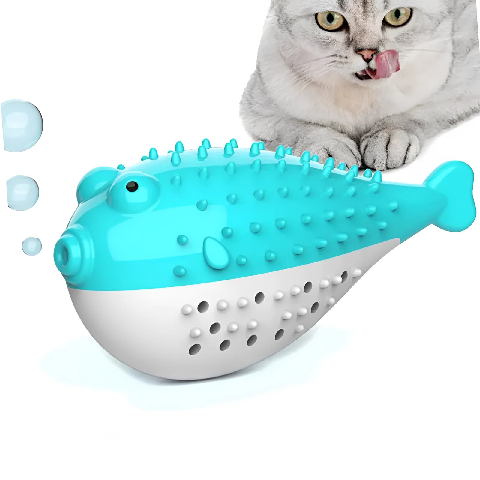 Blue silicone fish-shaped cat chew toy showing measurements and fish design details