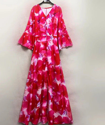 Red bell sleeve V-neck long pullover printed A-line skirt dress with A-line silhouette