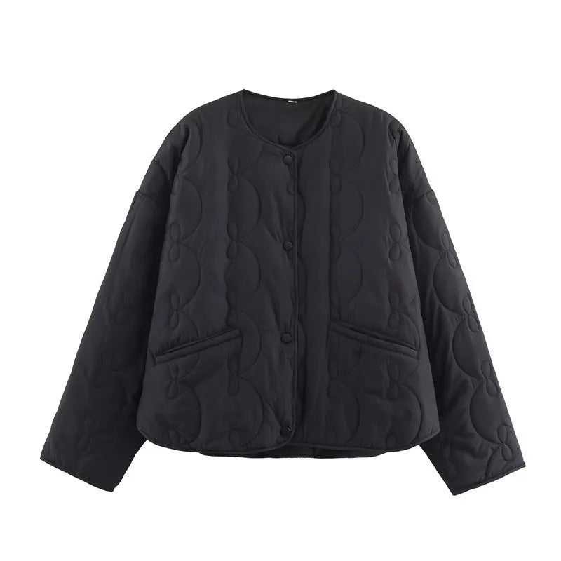 Women's bow quilted coat in black with straight cut, medium thickness polyester fabric, regular sleeves, 50 cm length