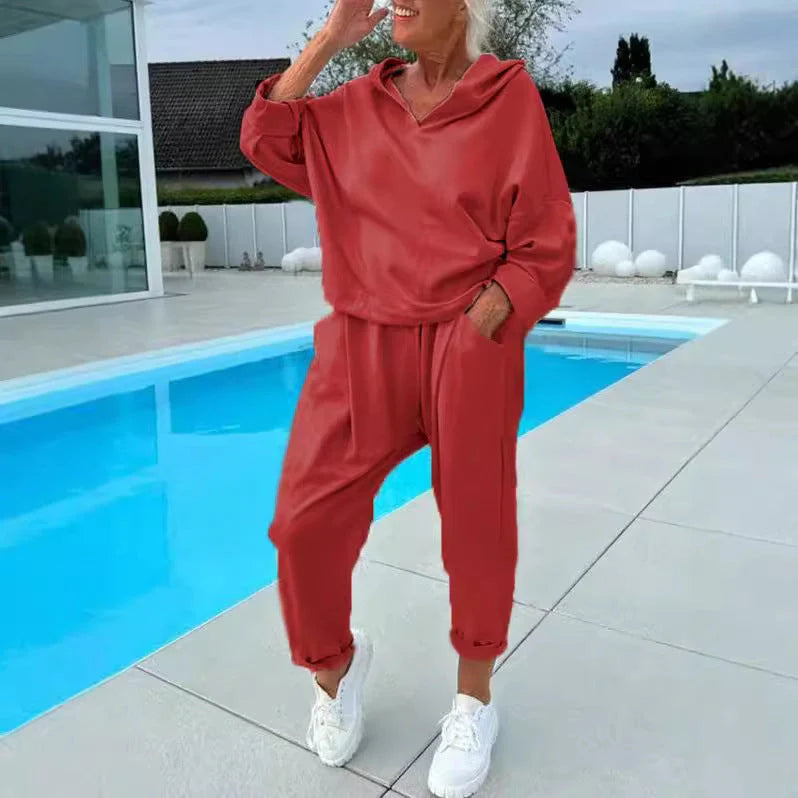 Women's solid colour hooded sweatshirt two-piece set in various colours and sizes