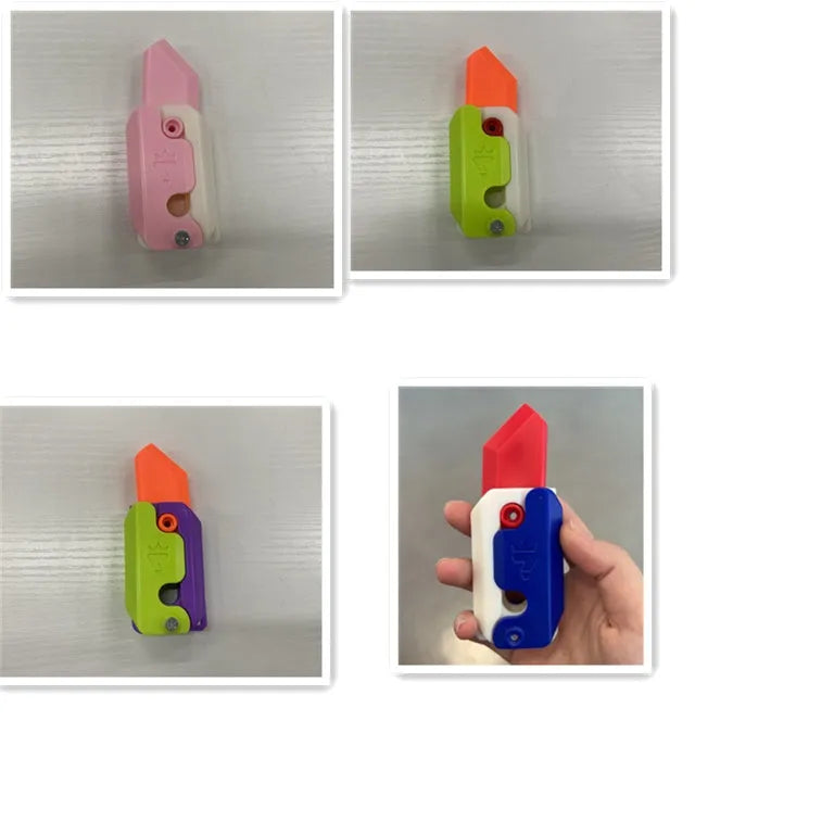 3D printed carrot gravity fidget knife in orange purple green colour, showing blade partly extended from sheath