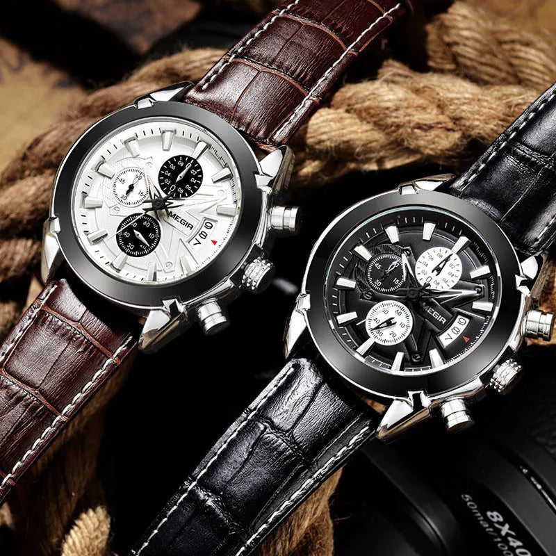 Men's multifunctional quartz chronograph watch with three-eye display and luminous markers