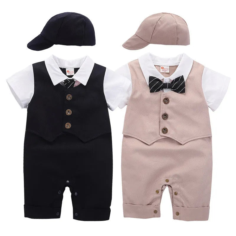 Cotton short sleeve baby romper for boys, black, with removable hood, British gentleman style