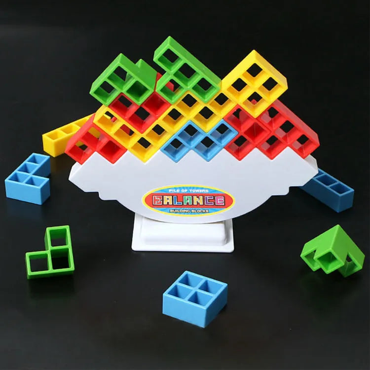 Plastic balancing stacking game with 16 colourful blocks and chassis for family entertainment