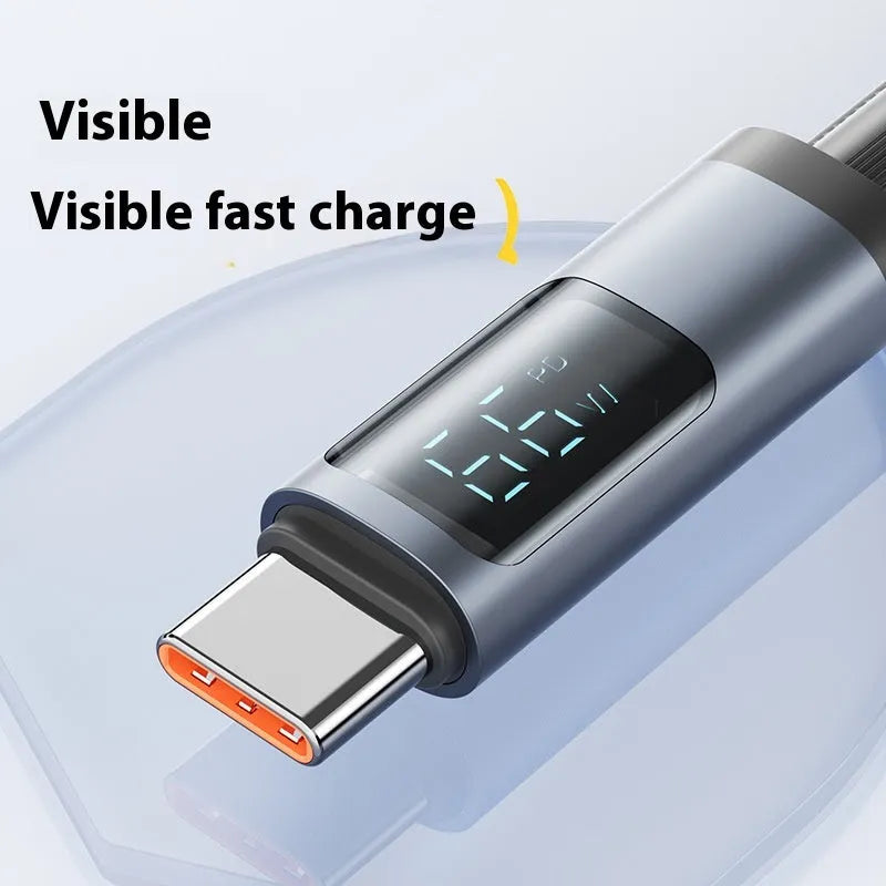 Phone fast charge data cable woven black digital display 1.2m Lightning Type-C 66W