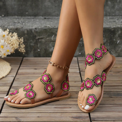 Women's ethnic style flowers flat sandals with fish mouth toe and floral design