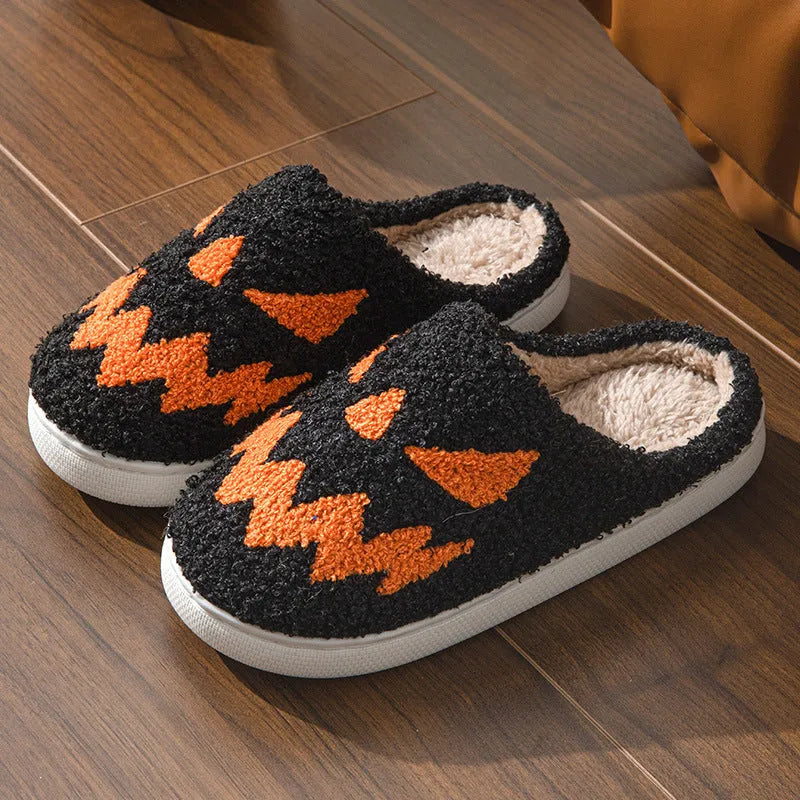 Halloween couple indoor slippers with embroidered lightning ghost face on suede upper in various colours.