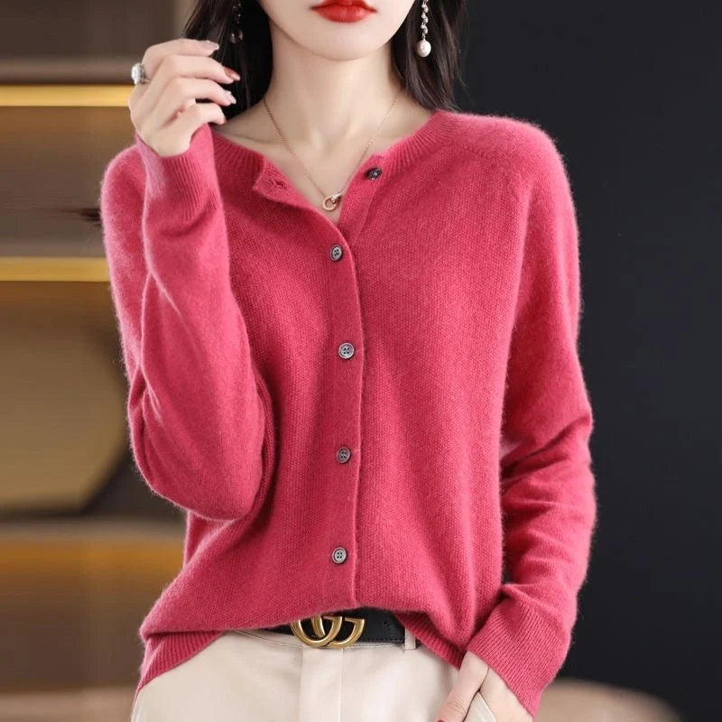 Women's merino wool cardigan in various colours, featuring an O-neck and long sleeves
