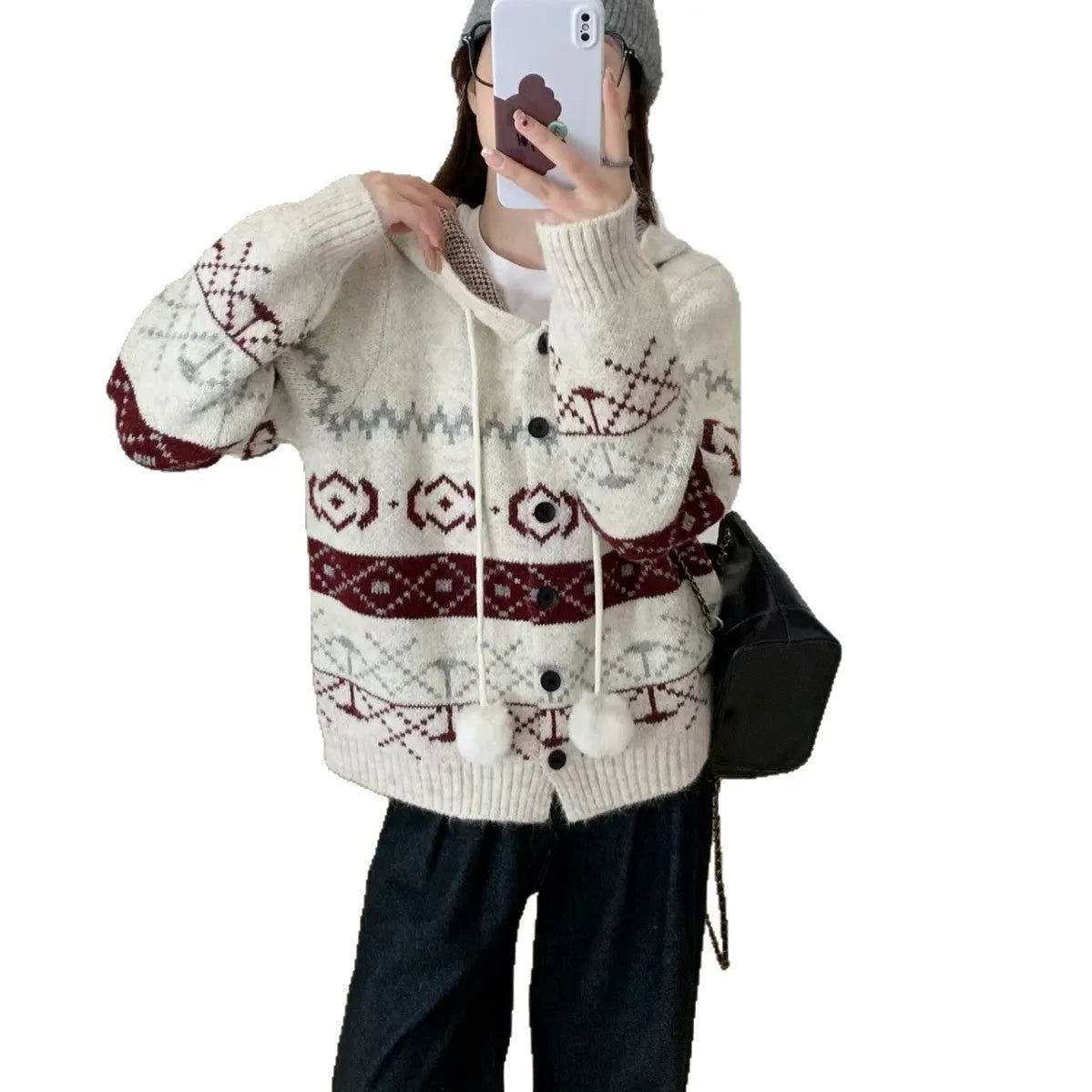 Women's loose grey geometric brocade acrylic sweater coat with long sleeves