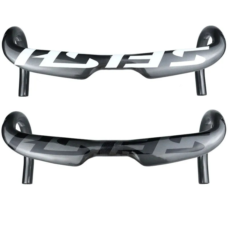 Carbon fibre road bike drop handlebar showing 31.8mm clamp, available in 380mm, 400mm, 420mm, and 440mm widths.