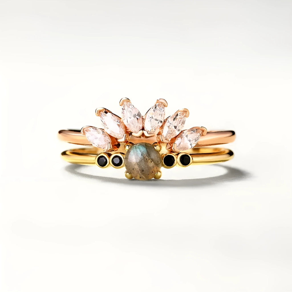 Gold coloured open ring with geometric round shape on silver base with electroplating
