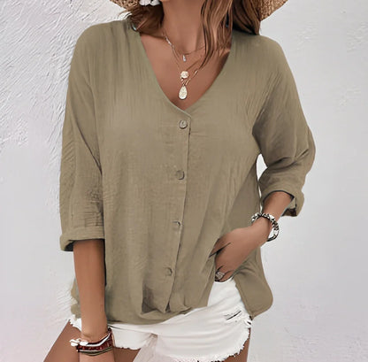 Women's loose V-neck long-sleeved T-shirt in navy blue, button front, polyester fabric, size M with 115cm bust fit