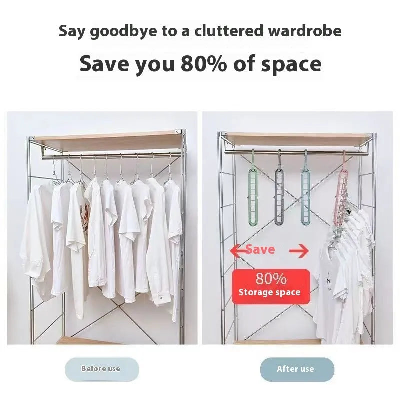 A green nine-hole plastic folding hanger for organising trousers and saving wardrobe space.