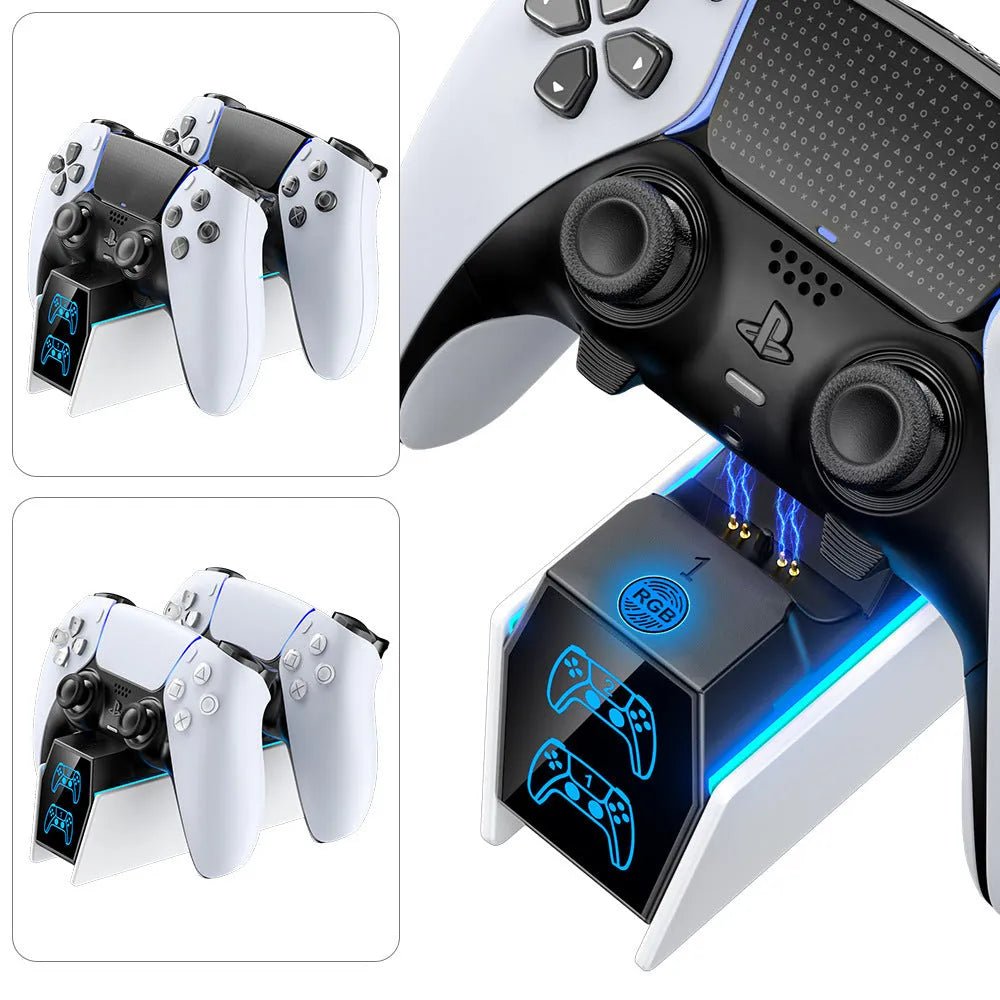 White PS5 wireless Bluetooth handle charger with LED indicator and RGB lighting on a desk