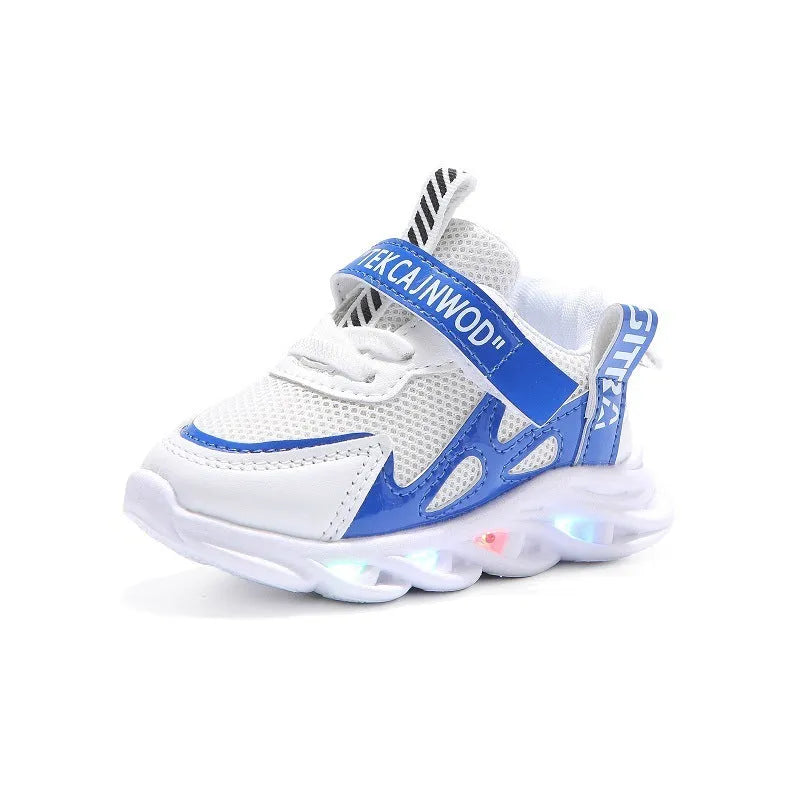 Children's alphabet webbing mesh luminous sneakers in blue with rubber sole