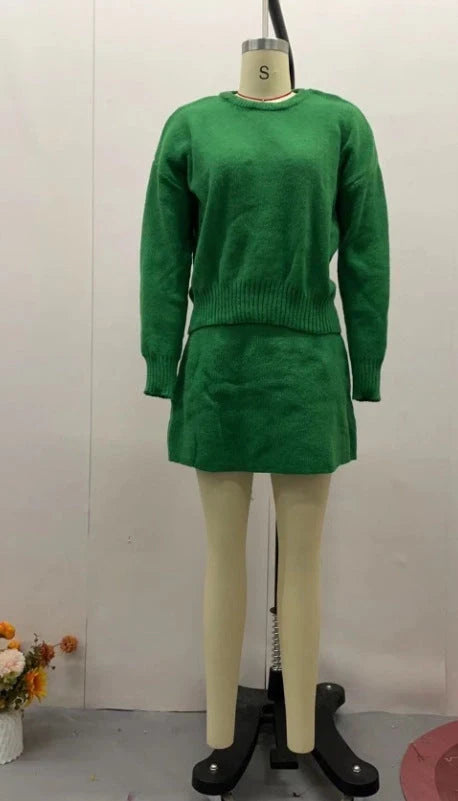 Stylish women's knit sweater and mini skirt set in various colors