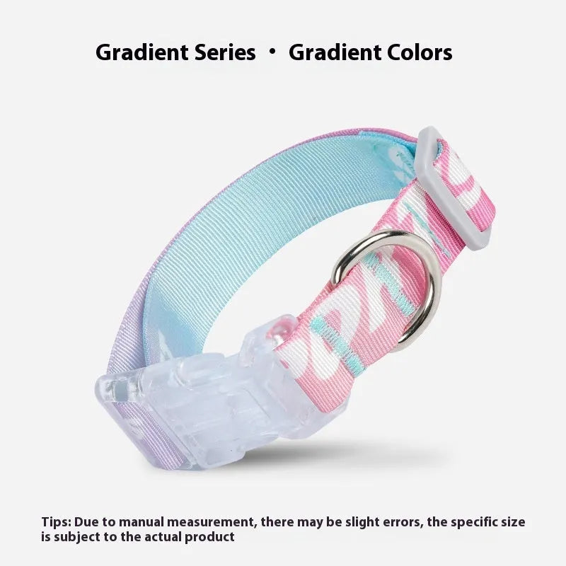 Green and colour gradient adjustable nylon dog collar with cartoon pattern, shown with buckle.