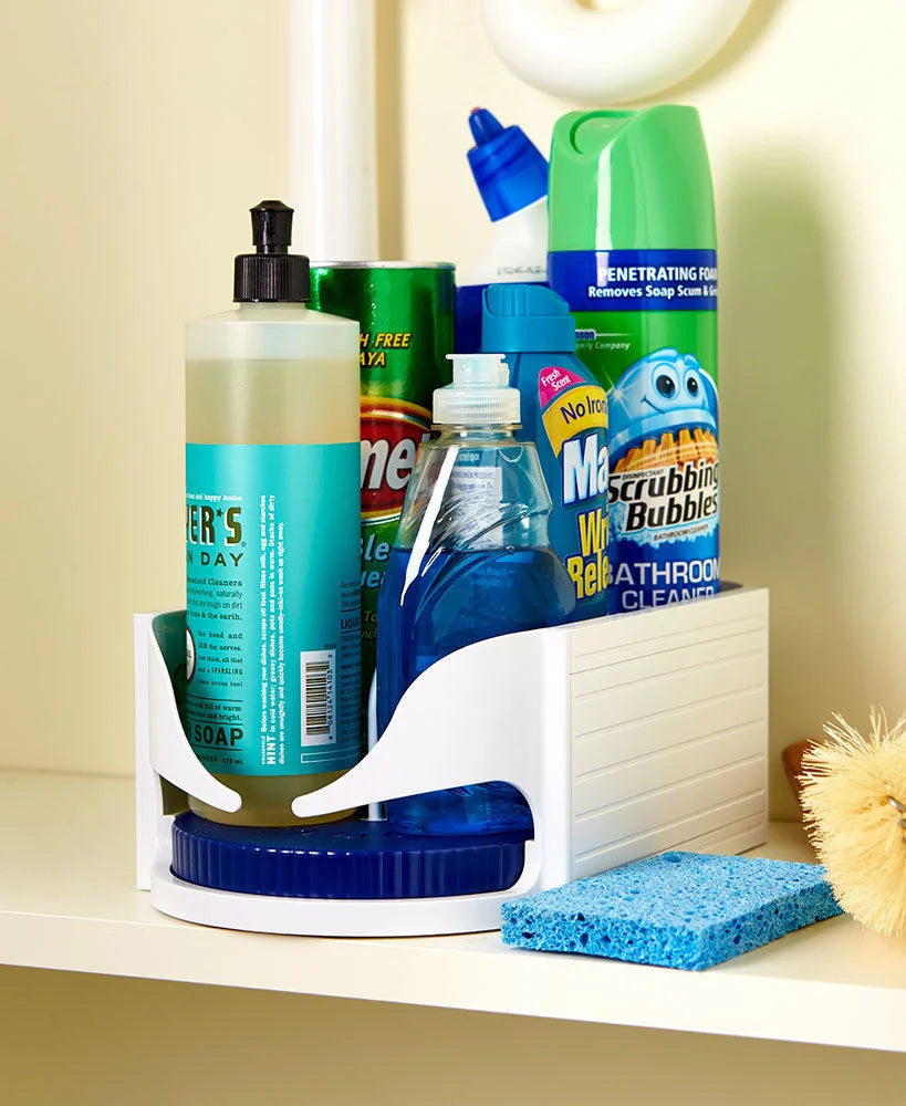 Double roller rotating storage box for kitchen and bathroom organisation