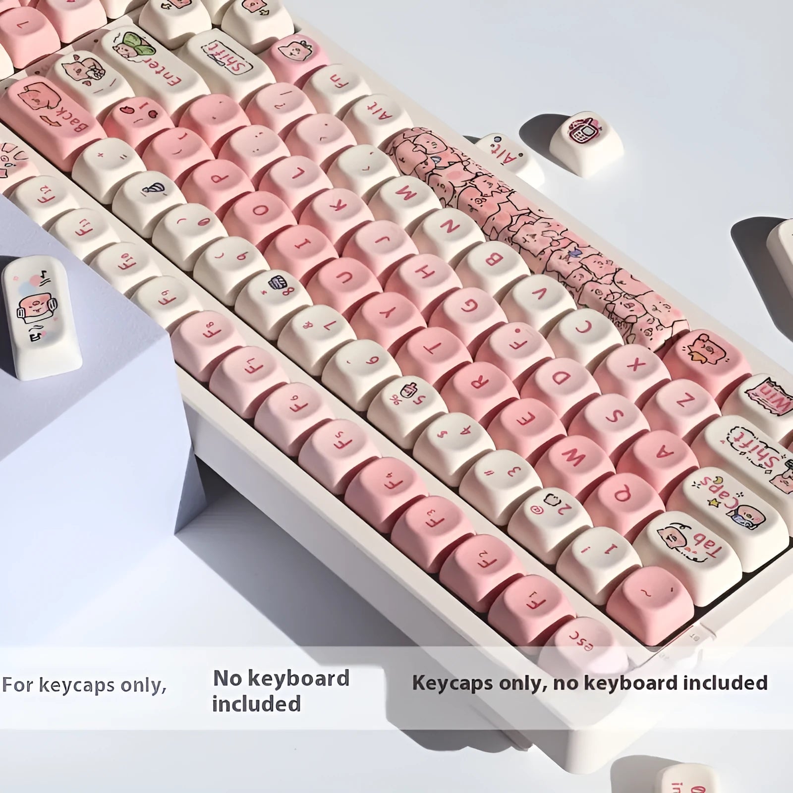 Close-up of a pink PBT key cap with a detailed Fragrant Pig design, showing five-sided sublimation printing.