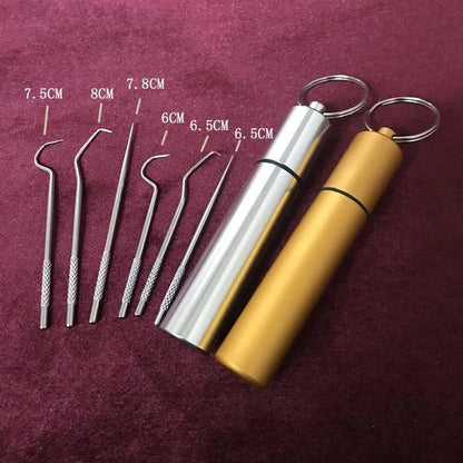 Stainless steel toothpick set with dental floss in white and yellow cylinders