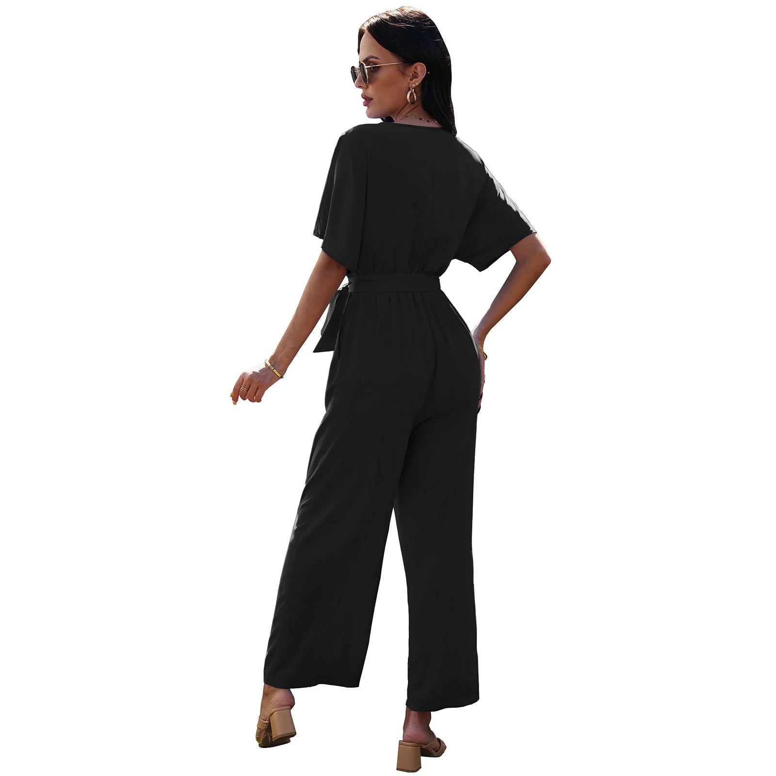 Women's V-neck tie waist jumpsuit in black, dark red, and sky blue
