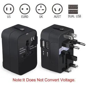 Global Pass Multi-function Travel Adapter in black with dual USB ports and foldable plugs
