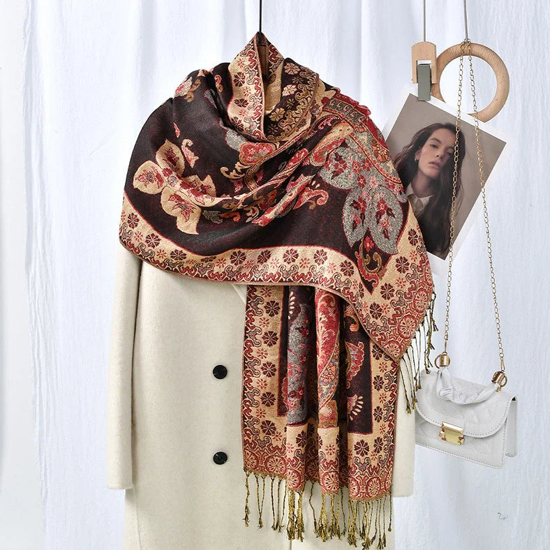 Cashew pattern tassel scarf measuring 176cm long with burgundy colour and ethnic styling