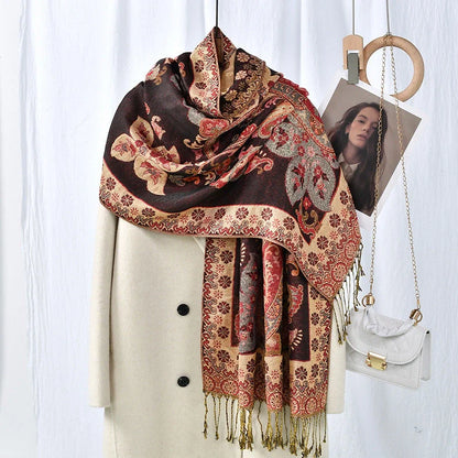 Cashew pattern tassel scarf measuring 176cm long with burgundy colour and ethnic styling