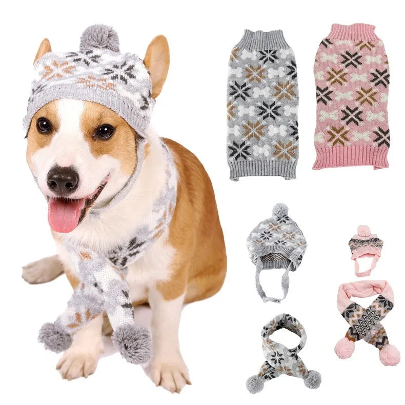 Japanese-style retro jacquard pet clothes set with sweater, hat and scarf in coordinated colours