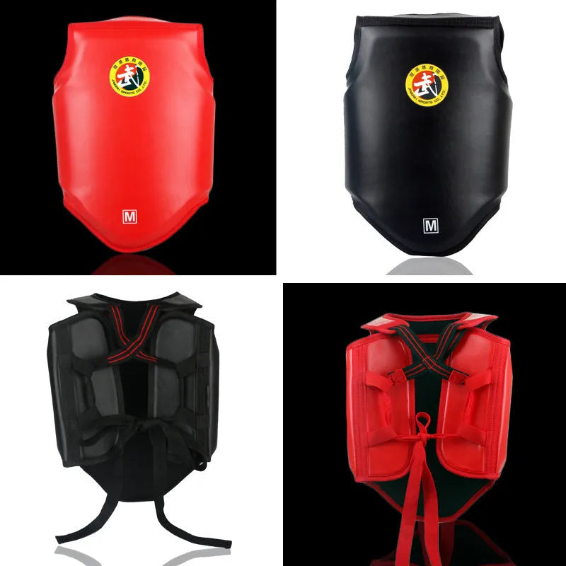 Red boxing helmet and one-piece chest protector set for training, shown in size medium.