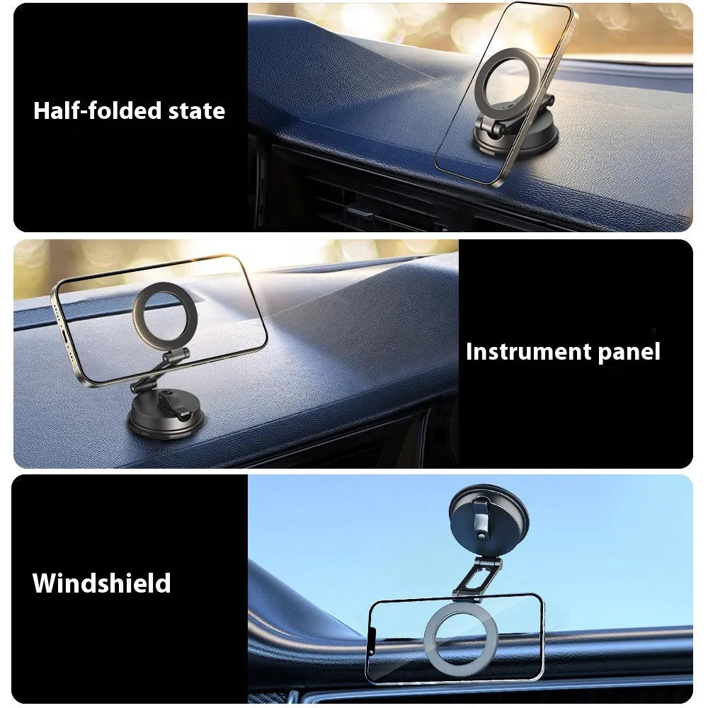 Black car magnetic phone holder with suction cup mount for vehicle windscreen or dashboard attachment