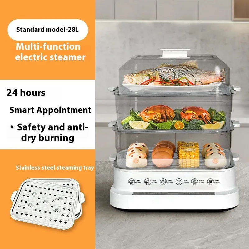 28-litre stainless steel electric food steamer with automatic measuring function on a kitchen counter.