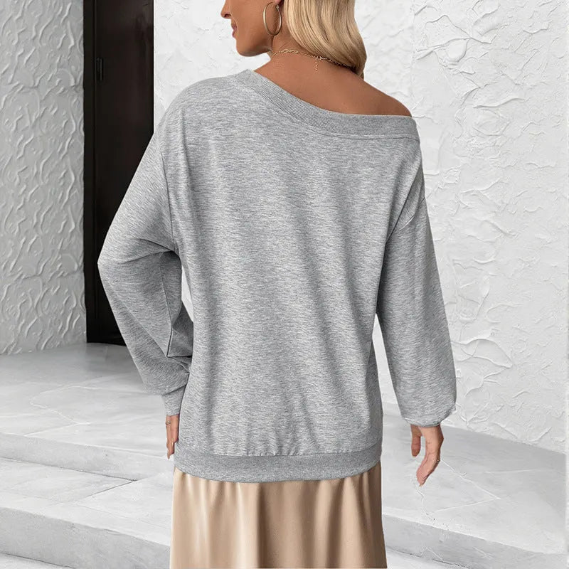 Women's gray 3D flower long sleeve off-shoulder top on model, sweater design, Asian sizing S to XL