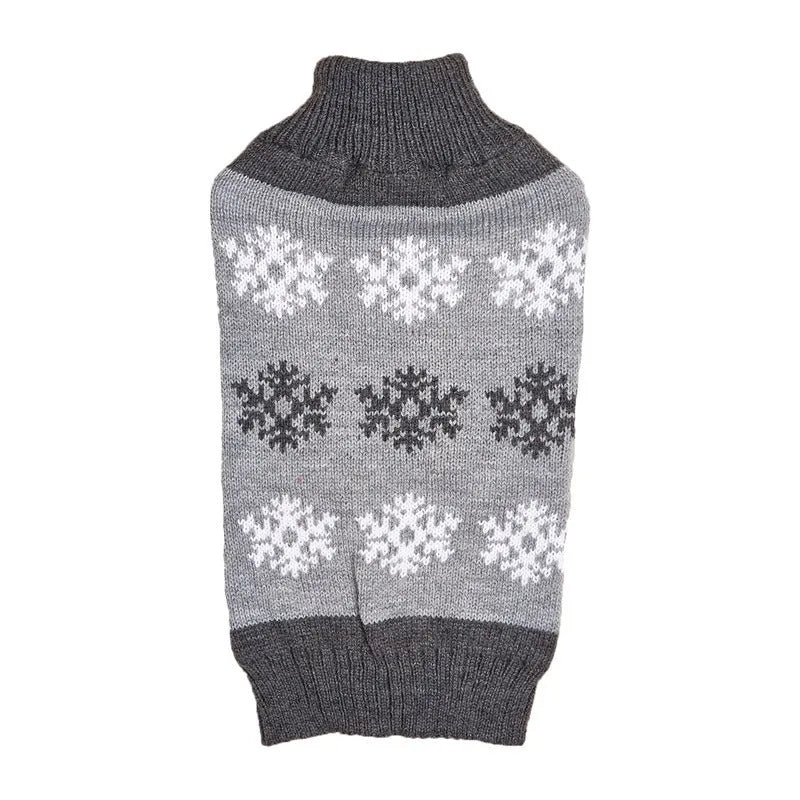 Dog wearing Christmas sweater with snowflake pattern in dark brown and grey colours