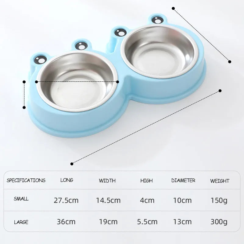 Blue stainless steel double pet bowl with frog design and non-slip base for cats and dogs