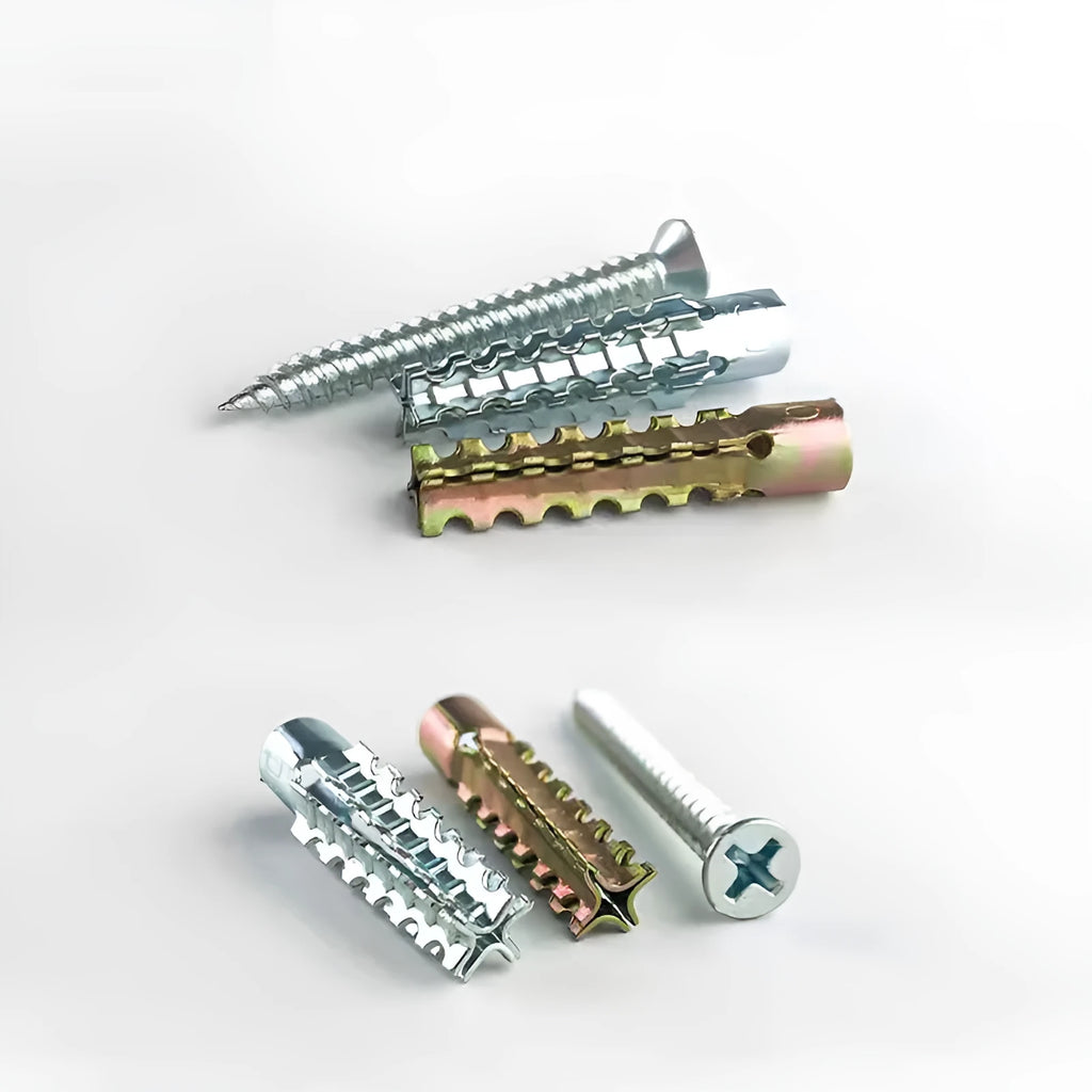 Close-up of an iron expansion anchor screw with a four-serrated barbed metal tube.