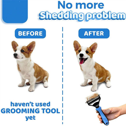 Dual-sided pet grooming brush in blue and pink for effective deshedding and dematting