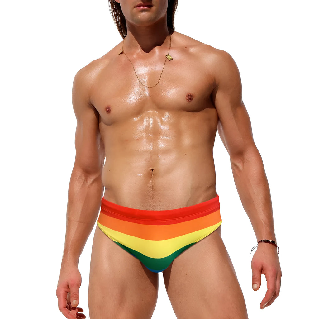 Rainbow striped nylon men's swimming trunks stretch briefs for beach wear