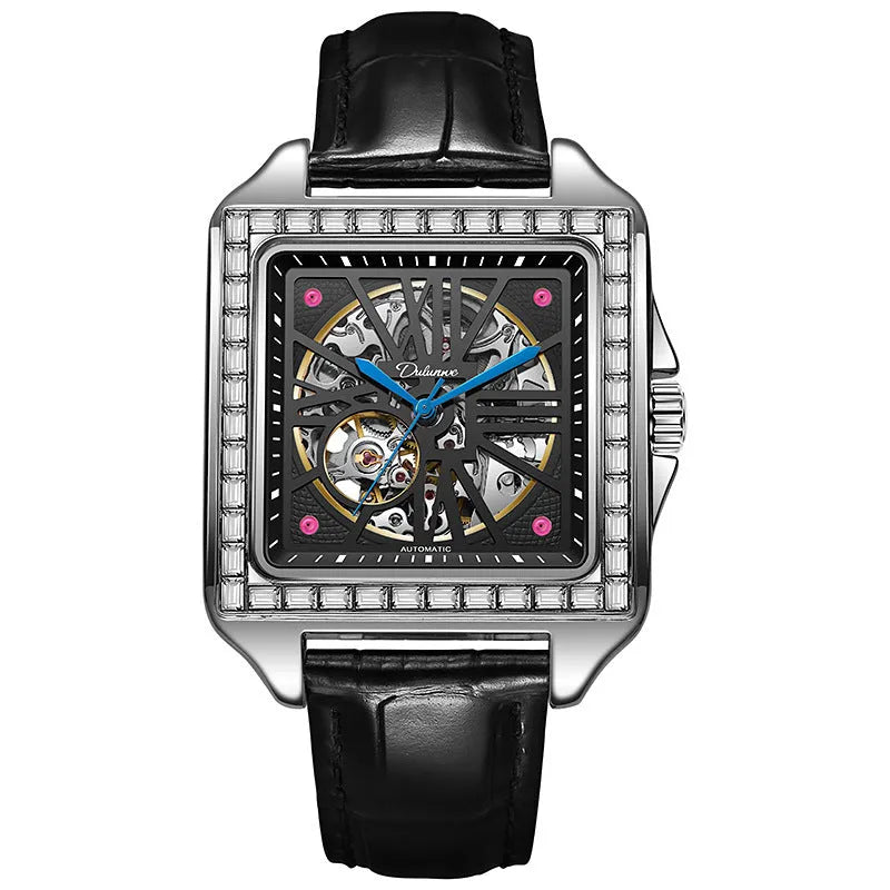 Men's square diamond-studded automatic watch on wrist, model 6066A.