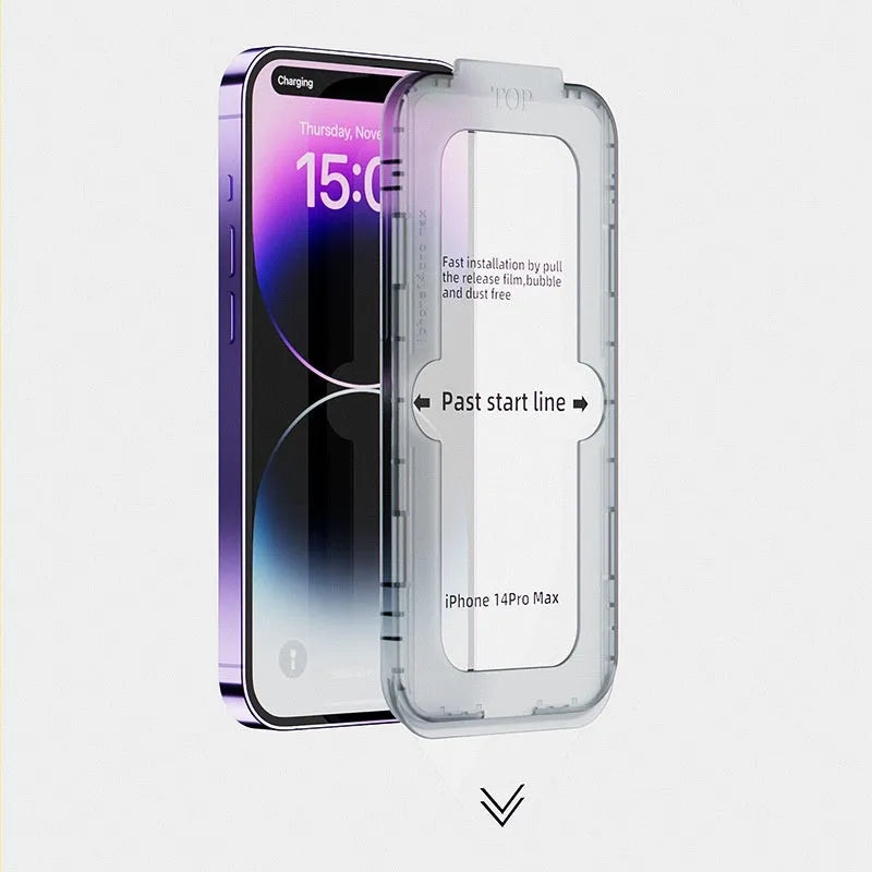 Tempered glass privacy screen protector for iPhone with three finish options: transparent HD, frosted, and peep-proof.
