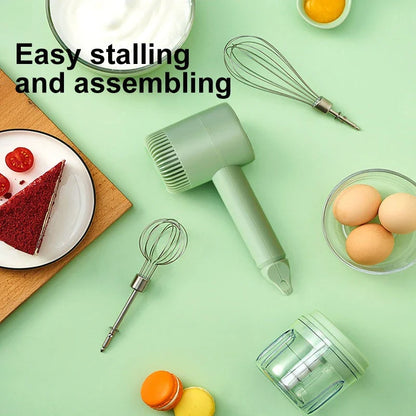 Cordless electric hand mixer with whisk and egg beater attachments, available in various colors