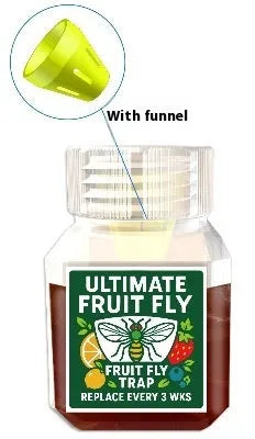 Bottle of SK003 fruit fly bait liquid with a funnel option shown
