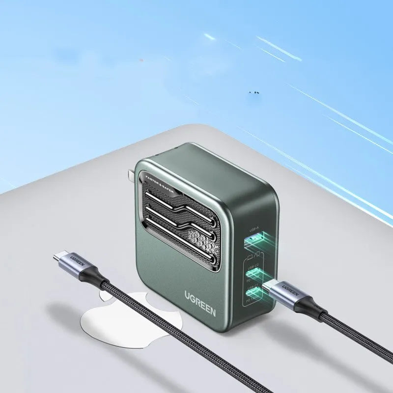 100W Gallium Nitride multi-port fast charger plug on a white background.