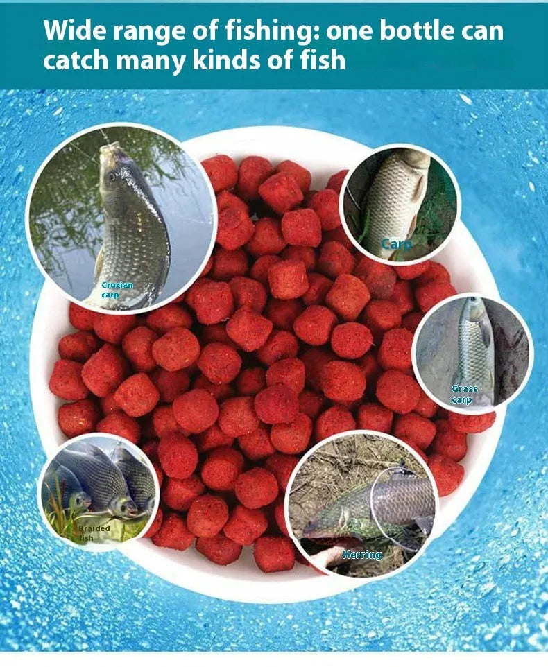 Bottle of Fresh Red Lazy Particle fishing bait for crucian carp and freshwater fish.