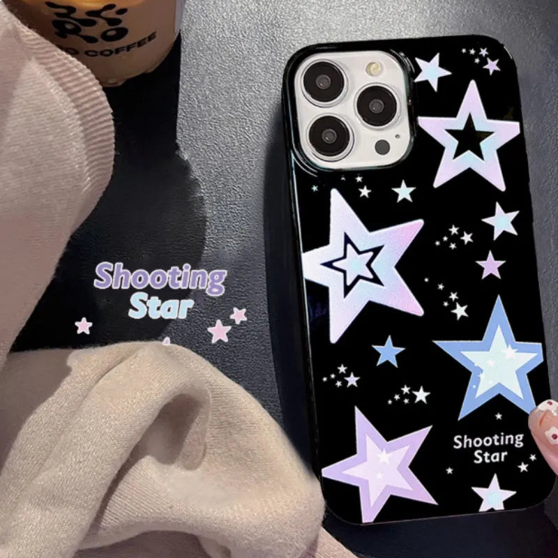Creative Niche black TPU phone case with purple star graphic for iPhone anti-fall protection