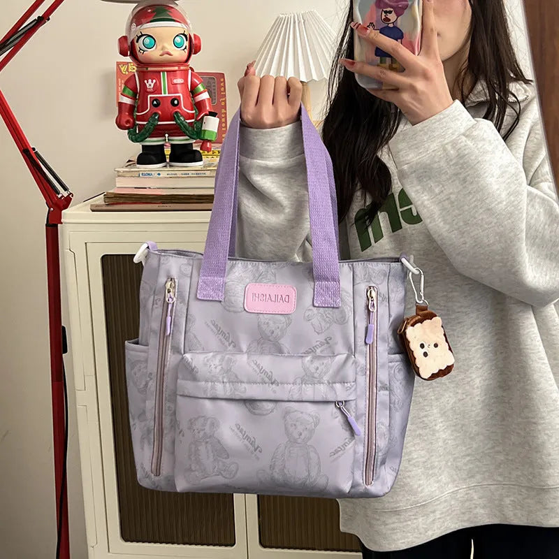 Bear print large capacity multi-pocket nylon tote bag in milky white
