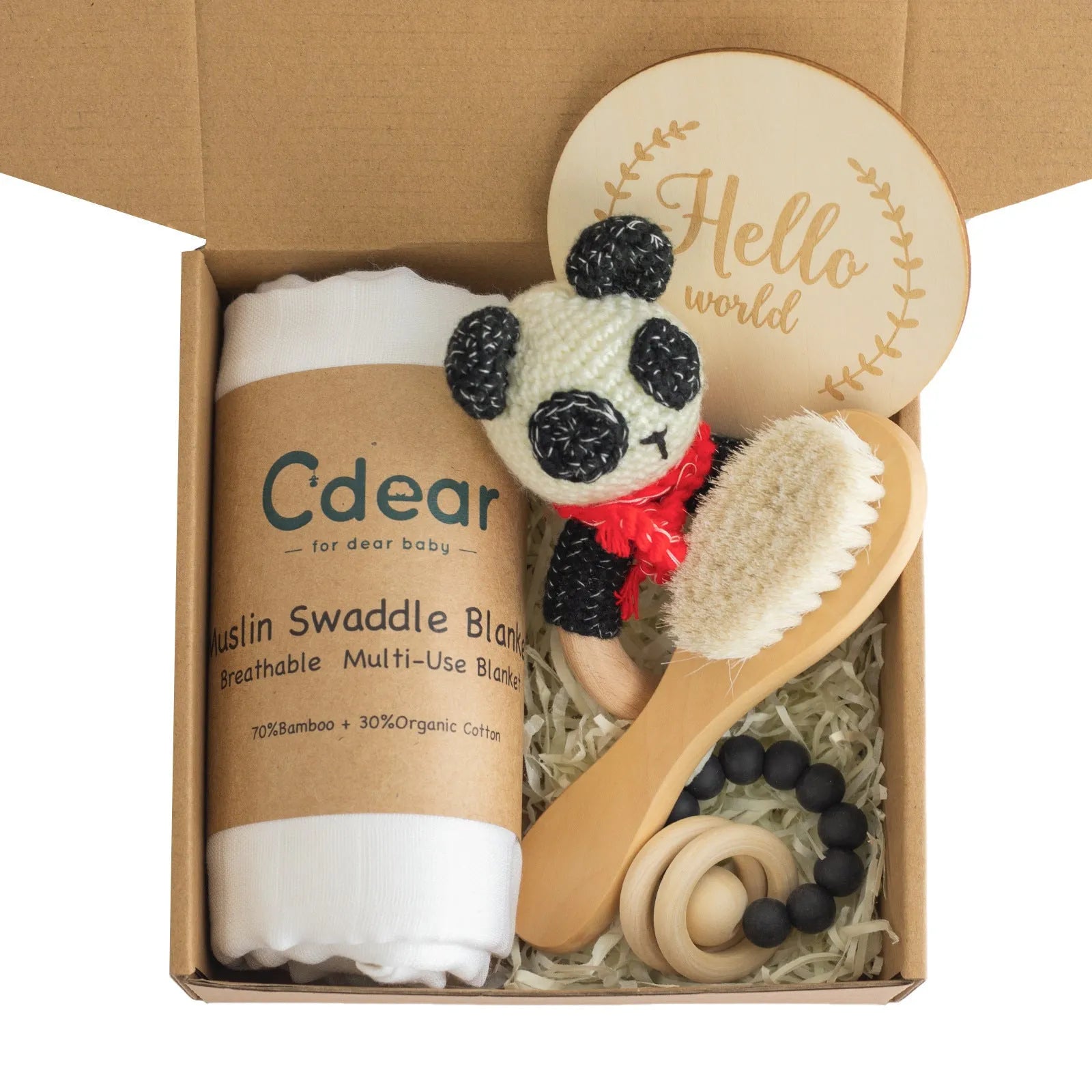 Baby teething toys gift set with bamboo-cotton blanket, wood teether, silicone brush, and bell