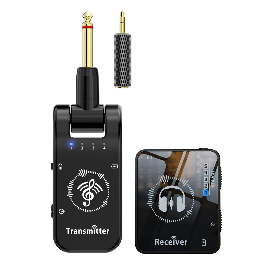 Black ABS earphone monitor transceiver system with transmitter and receiver for musical instruments
