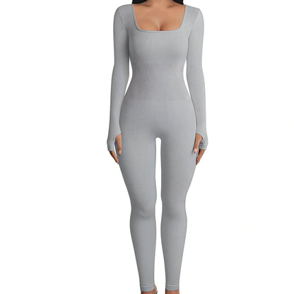 Women's black long sleeve square collar jumpsuit in polyester, size M, for yoga and street hipster style, 70cm inseam